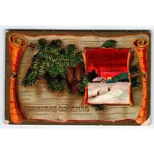 Christmas Postcard Country Cottage Sundown Snow Pinecones Nash Series 17 Vintage